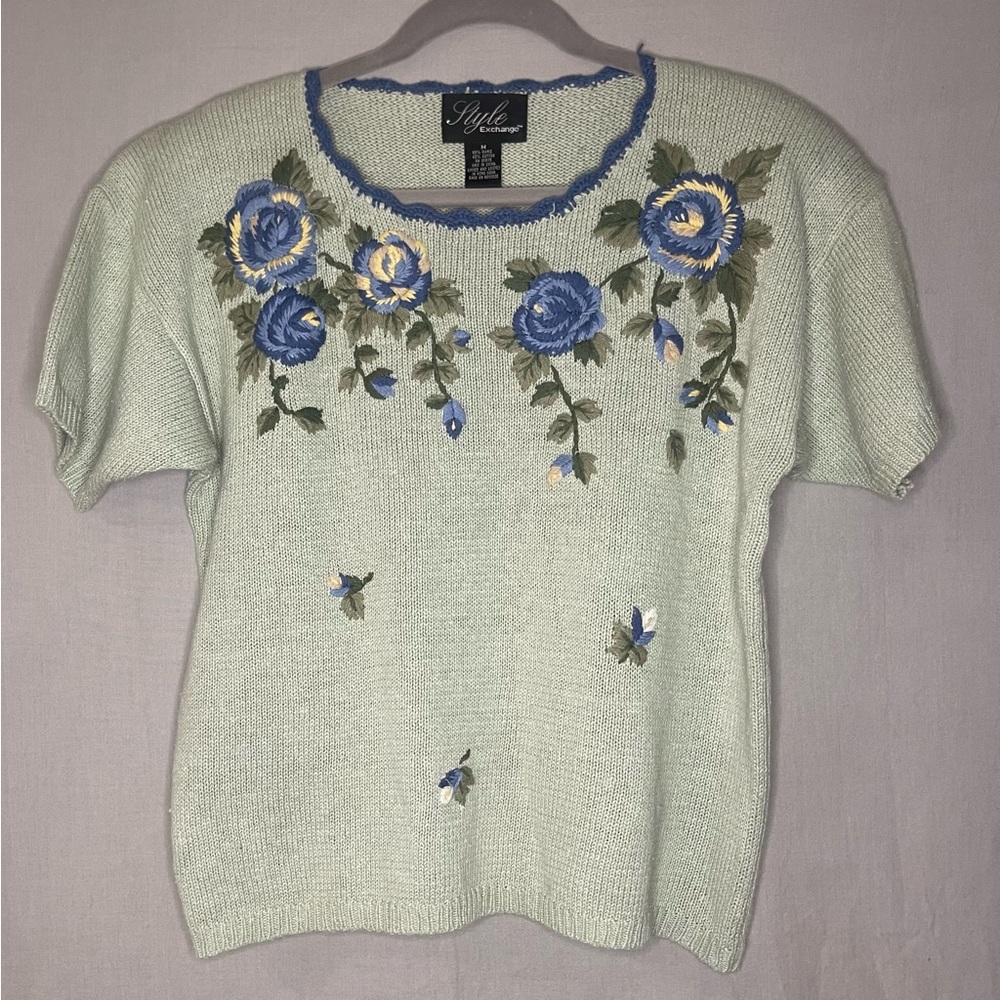 Vtg Style Exchange womens M Pullover knit Blue Sweater  Short Sleeve Cottagecore